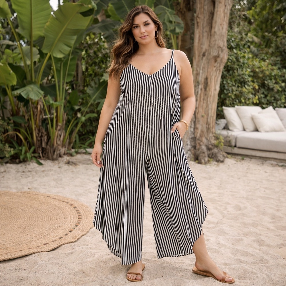 Black White Vertical Stripe Wide Leg Jumpsuit Flowy Resortwear Size L/XL